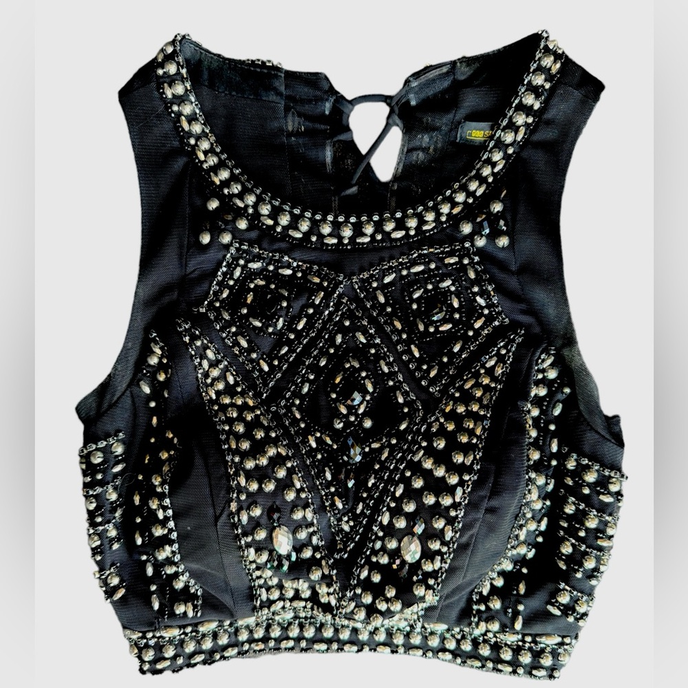 Gorgeous Studded Beaded Lace Up Black Silver Crop Top